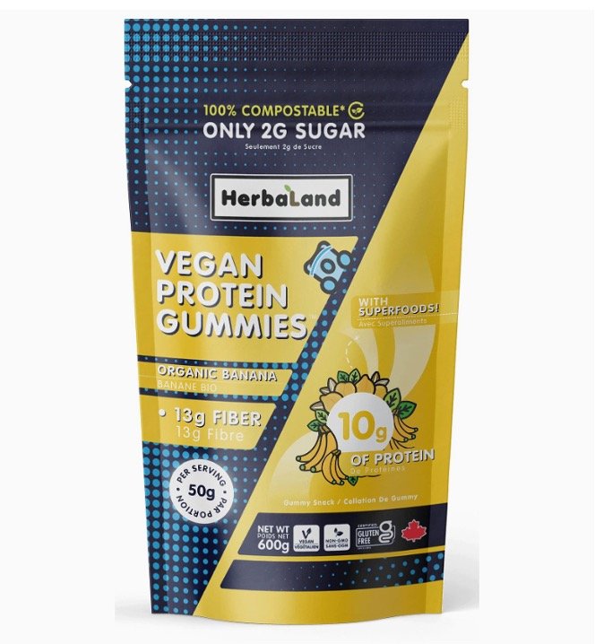 Herbaland Vegan Protein Gummies | Big Bag - Low-Sugar Workout Supplement, Contains 27 grams Fiber, 10 grams Protein (from Pea Protein), 1 gram Sugar, Muscle Recovery - Banana Flavor, 600g bag