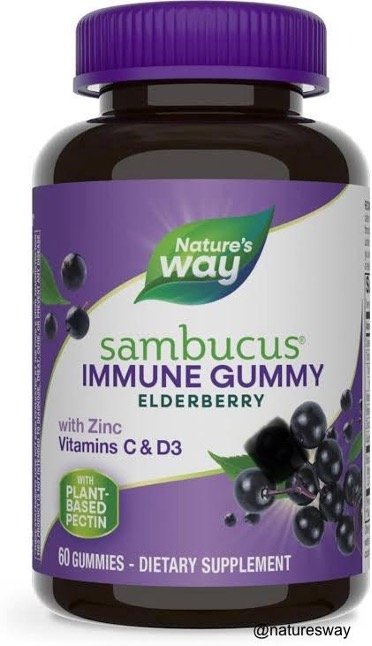 Nature’s Way Sambucus Elderberry Immune Gummies, Daily Immune Support for Kids and Adults*, with Vitamin C, Vitamin D3, Zinc, Gluten Free, Vegetarian, 60 Gummies