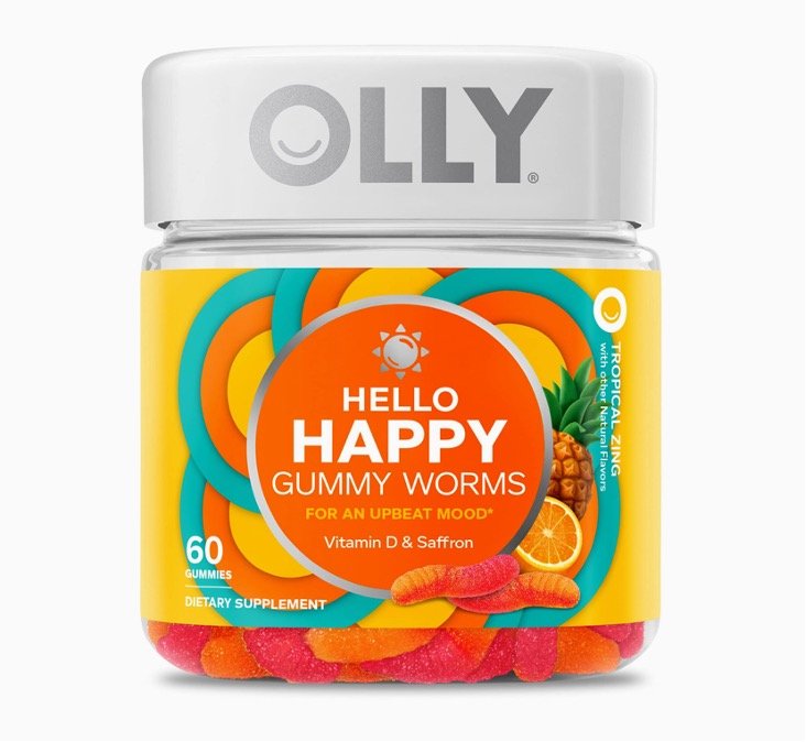 OLLY Hello Happy Gummy Worms, Mood Balance Support, Vitamin D, Saffron, Adult Chewable Supplement, Tropical Zing