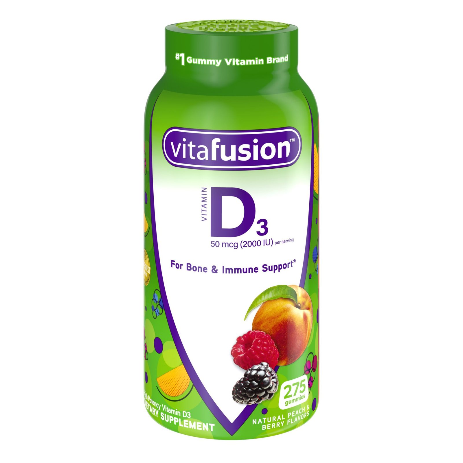 Vitafusion Vitamin D3 Gummy Vitamins for Bone and Immune System Support, Peach, Blackberry and Strawberry Flavored